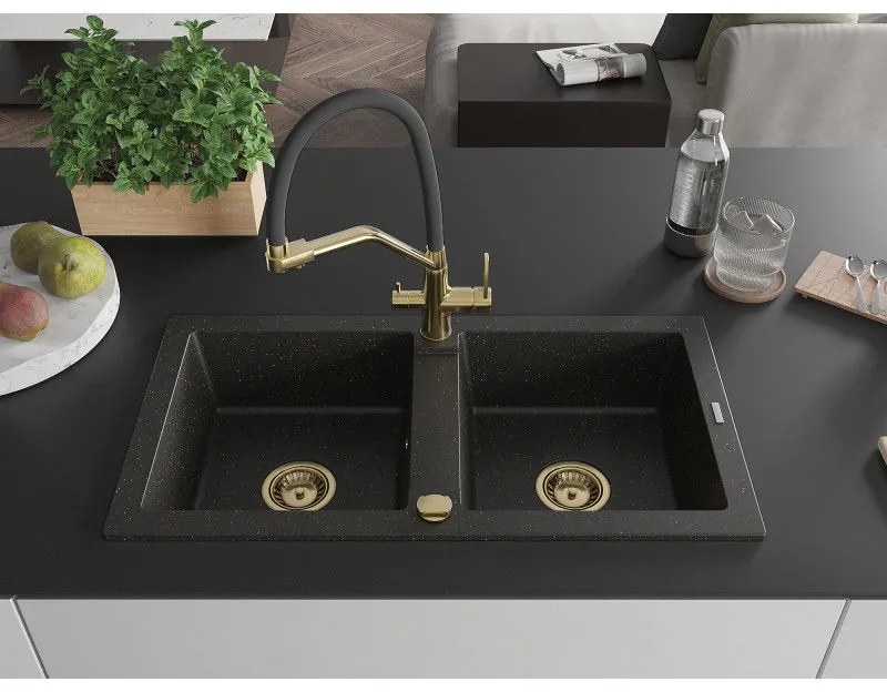 Mexen Mario, gránit mosogató 820x436x161 mm, 2-kamrás és Duo mosogató csaptelep, fekete-arany metál, 6504-75-671701-57-G