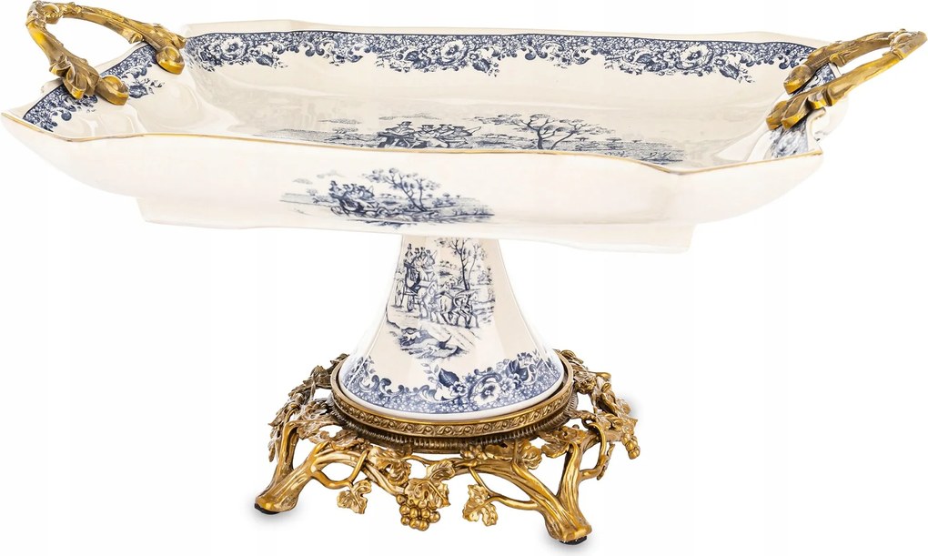 Patera Dekoratív Tálca Nagy Stílusos Kerámia Fehér Arany Lábakon