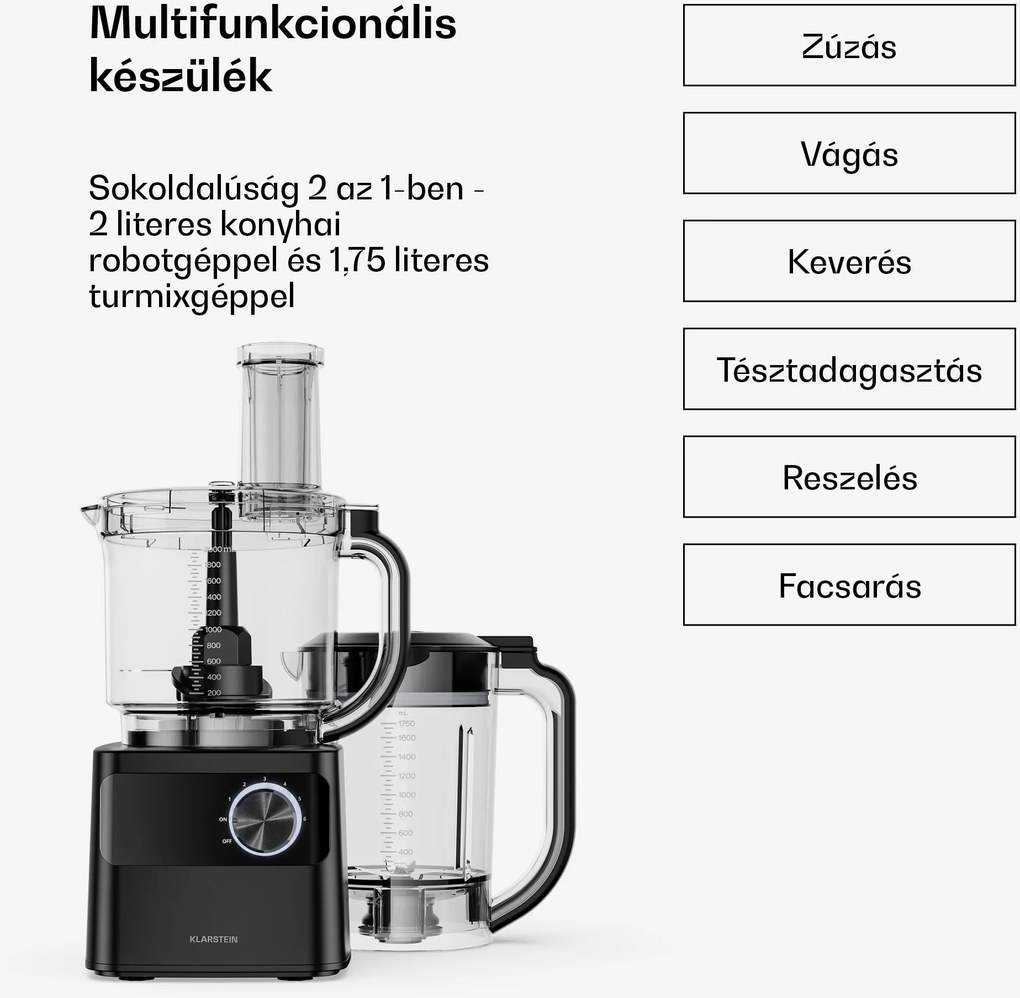 Klarstein Velaire konyhai robotgép turmixgéppel dagasztáshoz, habveréshez és gyümölcslé készítéshez 1200 W 2 l konyhai robotgép/ turmixgép 1,75 l