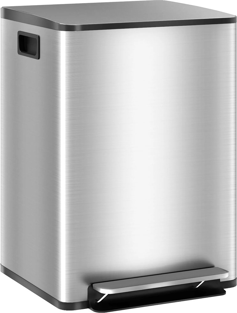 HOMCOM Konyhai Hulladékgyűjtő 2 Rekeszes, 2x20L Rozsdamentes Acél, Puha Záródású Fedéllel és Kivehető Belső Vödörrel, Ezüst | Aosom