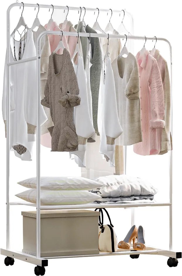 Kétsoros mozgatható akasztó, polcokkal, fehér, RAINER