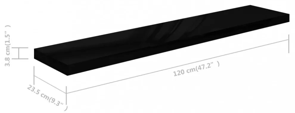 4 db magasfényű fekete MDF lebegő fali polc 120 x 23,5 x 3,8 cm