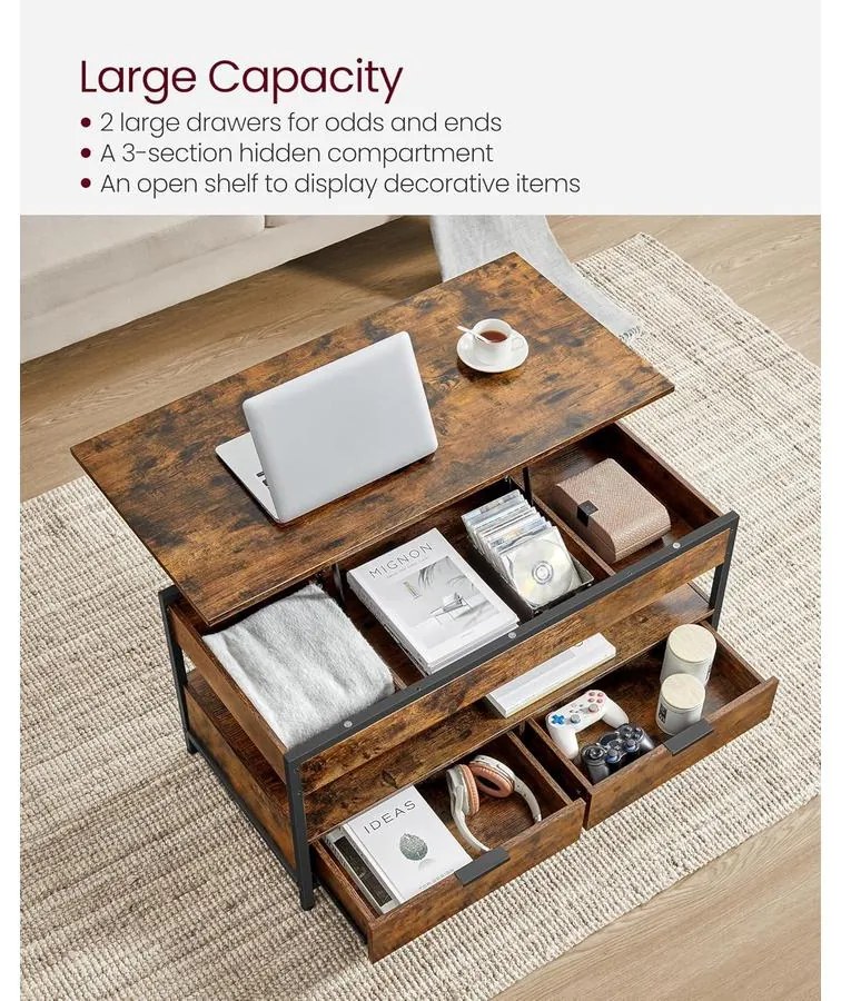 VASAGLE felnyitható fedelű dohányzóasztal rusztikus barna és tintafekete színben