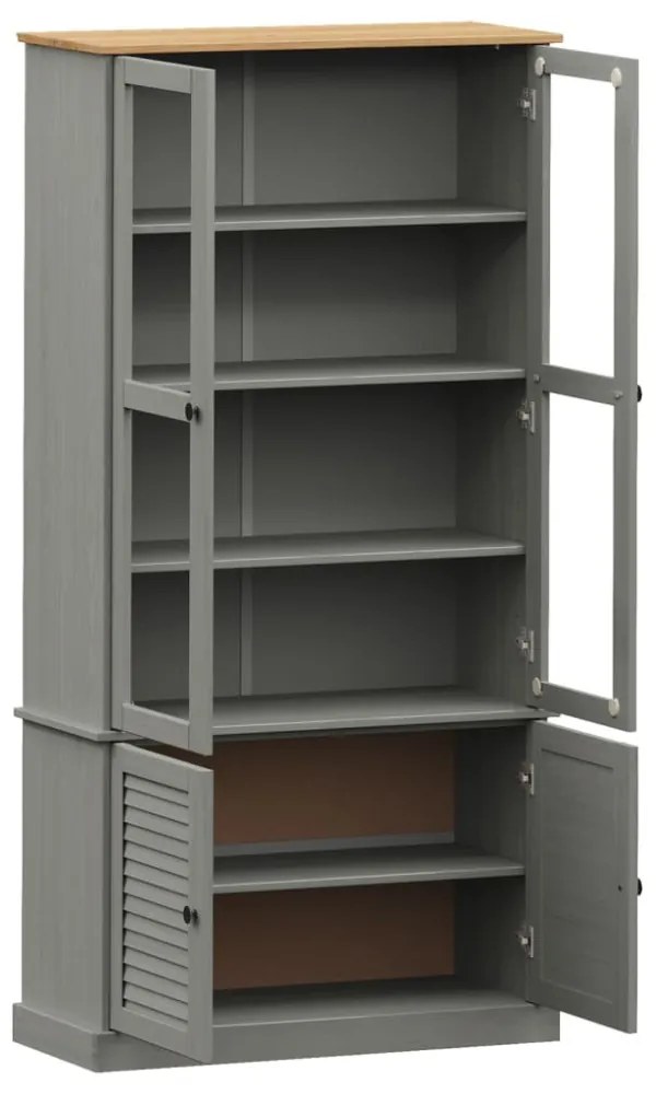 VIGO szürke üvegvitrines tömör fenyőfa szekrény 85x35x170 cm