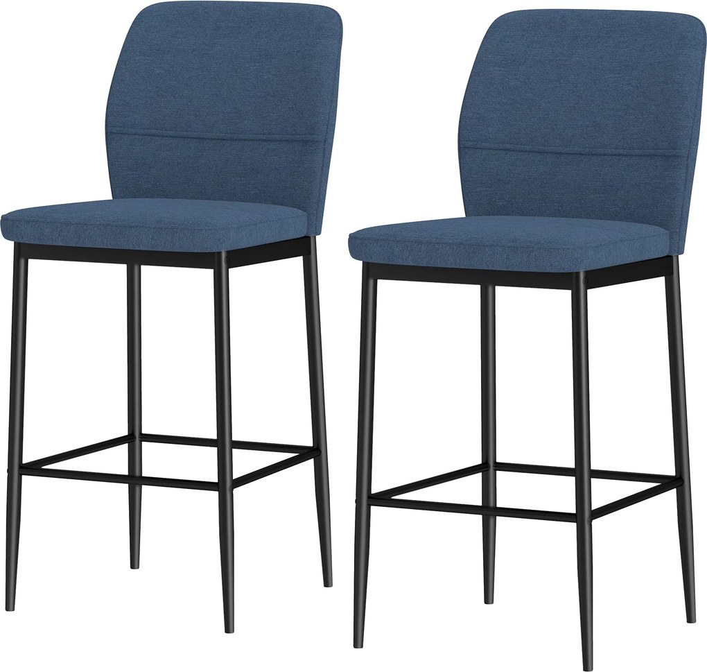 HOMCOM 2 db Bárszék Készlet Magas Konyhai Székek Háttámlával és Lábpihentővel, Velúrból Kárpitozva, Acél Váz, Modern Magas Székek Étkezőpulthoz, Kék |