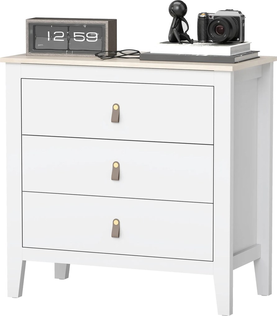 HOMCOM 3-Fiókos Komód a Hálószobába PU Fogantyúkkal, Komód Nappaliba, Előszobába 80x40x78.5 cm Fehér | Aosom