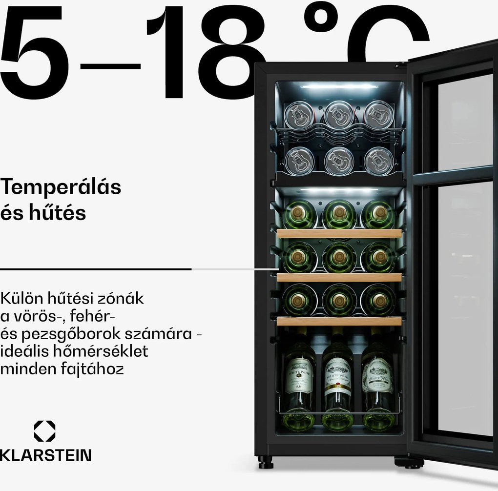 Klarstein Bovella 18 Duo+, 2 zónás borhűtő, 50 liter, 18 palack, üvegajtó