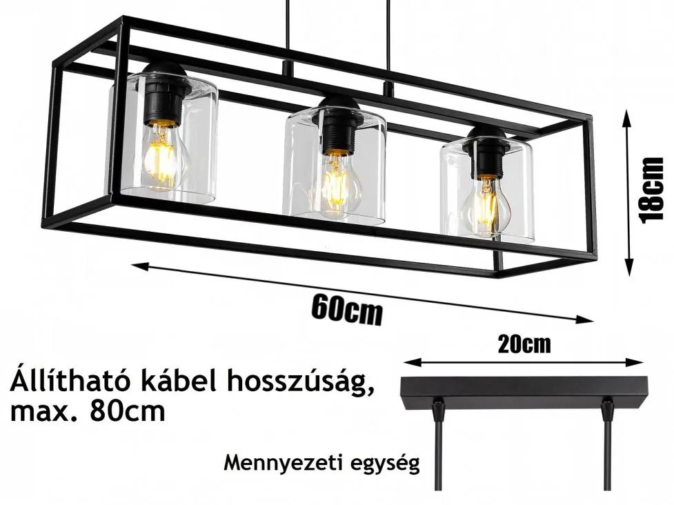Glimex CAGE állítható függőlámpa fekete / átlátszó 3x E27 + ajándék LED izzók