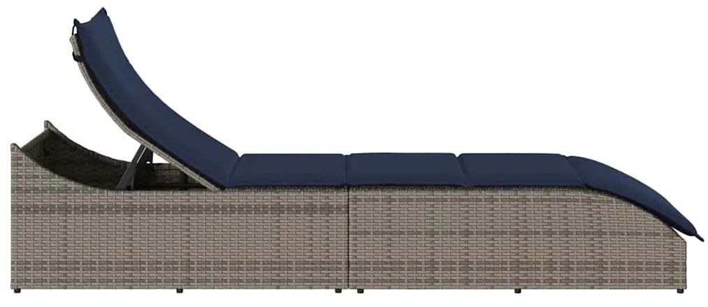 összecsukható napozóágy párnával és tárolóval szürke polyrattan