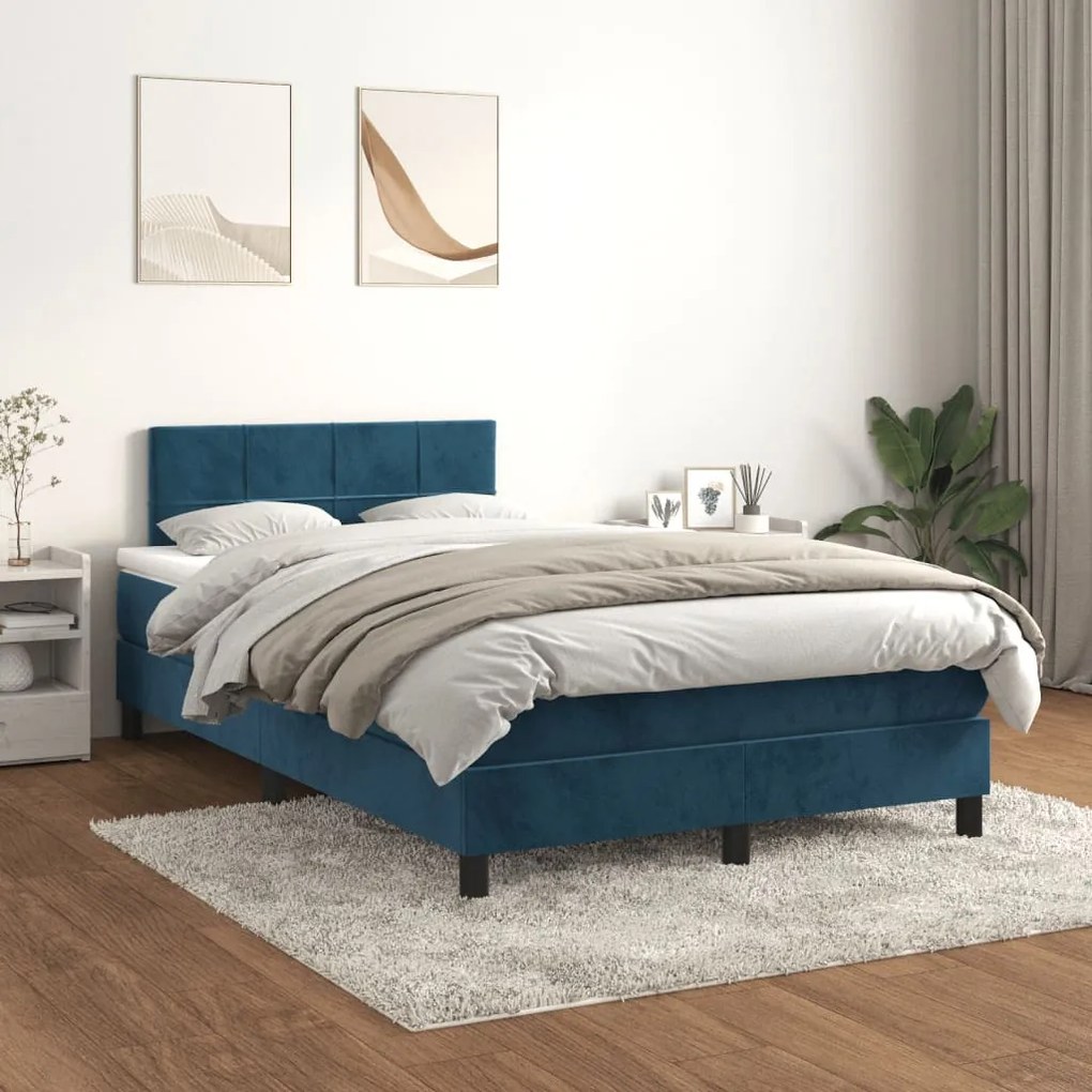 sötétkék bársony rugós ágy matraccal 120x190 cm