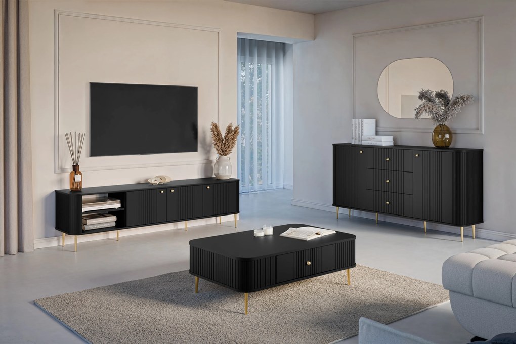 Vesper 3D TV-szekrény 187 cm - fekete / arany lábak