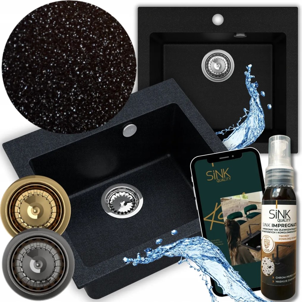 Mosogató Gránit Mosogató Fekete Egymedencés Ferrum 1K50+KÉZI Szifon