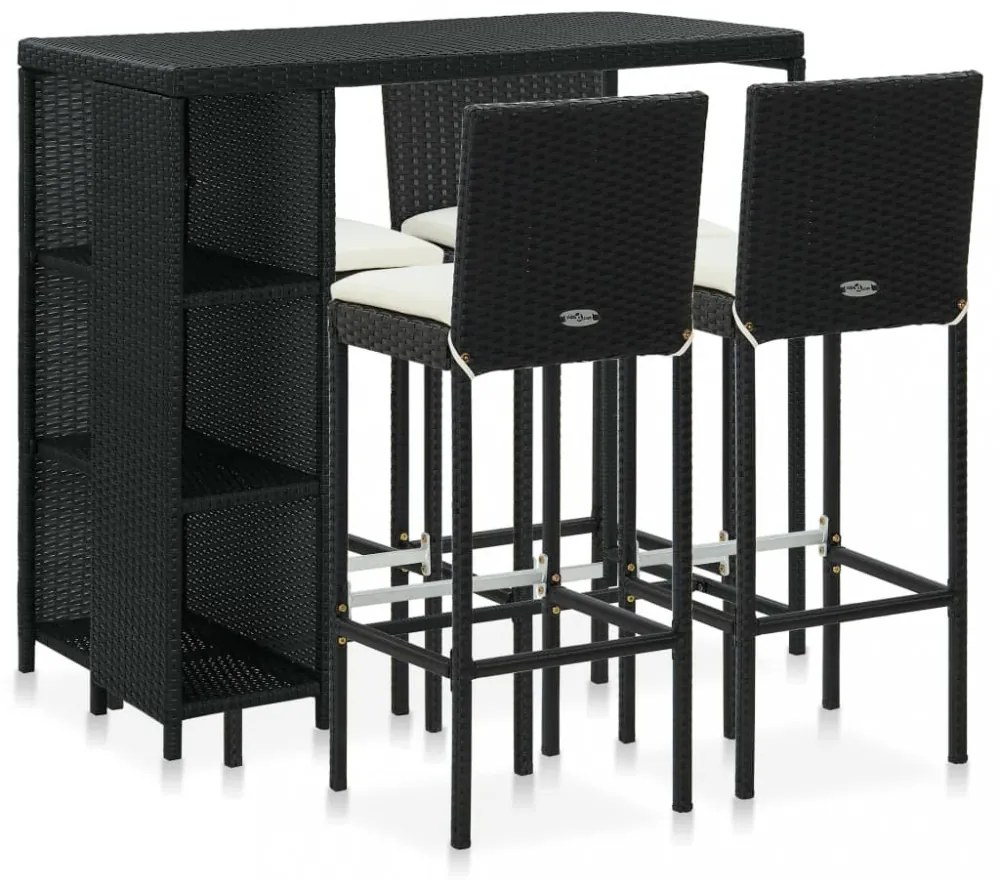 5 darabos fekete polyrattan kerti bárszett párnákkal