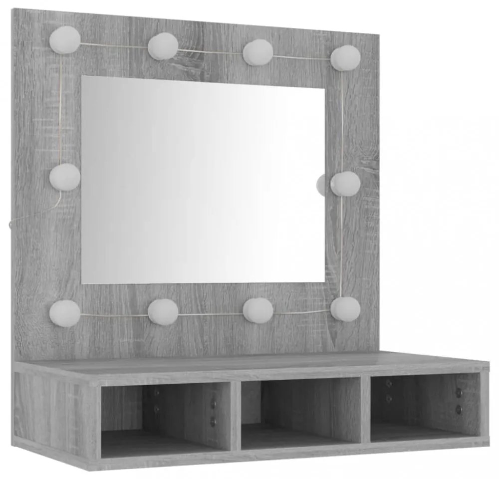 szürke sonoma színű tükrös szekrény LED-ekkel 60 x 31,5 x 62 cm