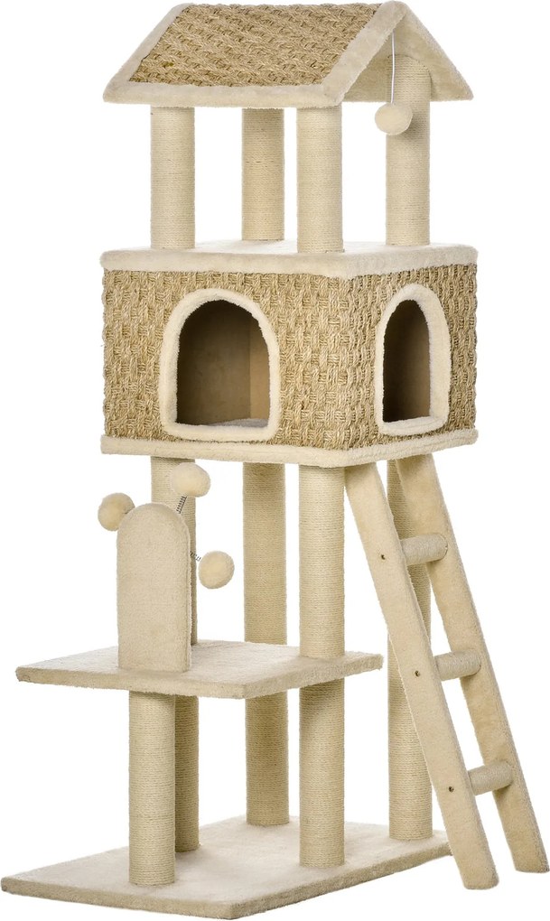 PawHut Macskafának és Kaparónak 130 cm Magas Macskabújóval és Játék Labdákkal, Juta Oszlopokkal, Nagy Platformmal, Forgácslapból készült Puha Khaki+Be