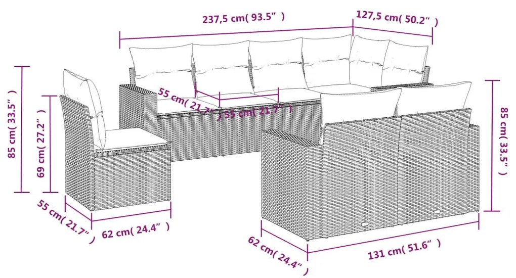 8 részes fekete polyrattan kerti ülőgarnitúra párnákkal