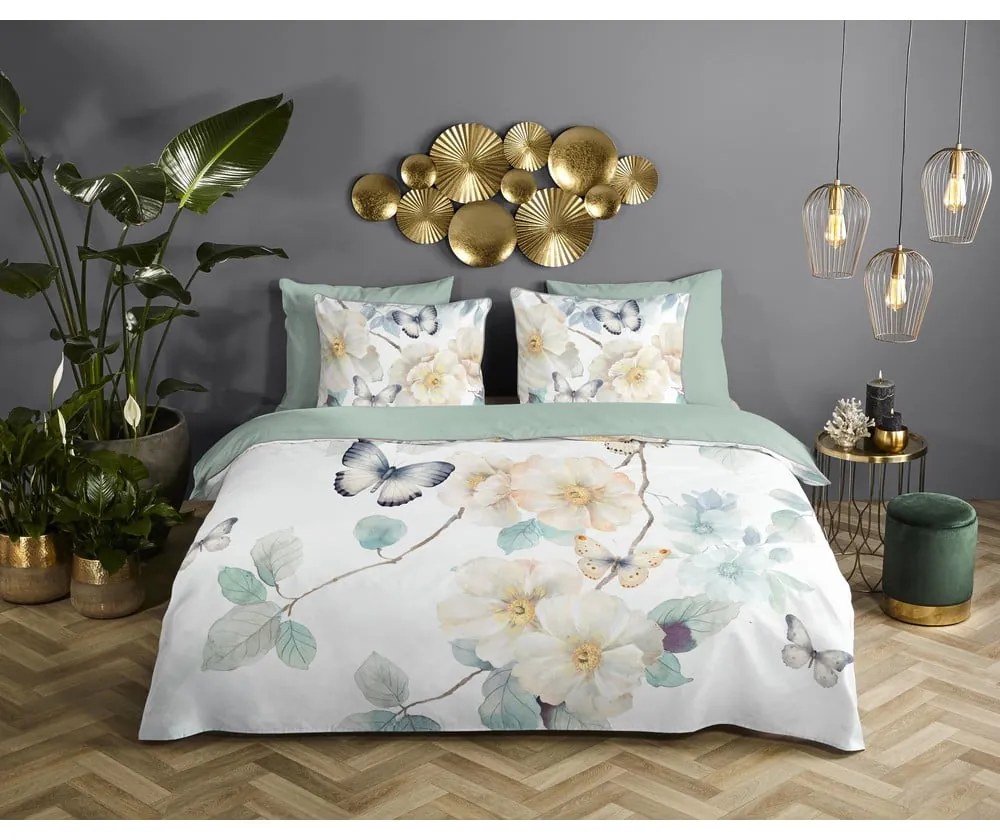 Fehér-zöld egyszemélyes-hosszabbított pamut-szatén ágyneműhuzat 140x220 cm Adiwanya – Descanso