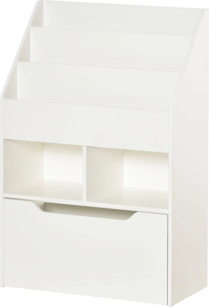 HOMCOM Fa Könyvespolc Gyerekeknek 3 Rekesszel, 2 Kockával és Mobil Fiókkal 4 Kerekével, Gyerekek Szobájához 60x29.9x90 cm Fehér | Aosom