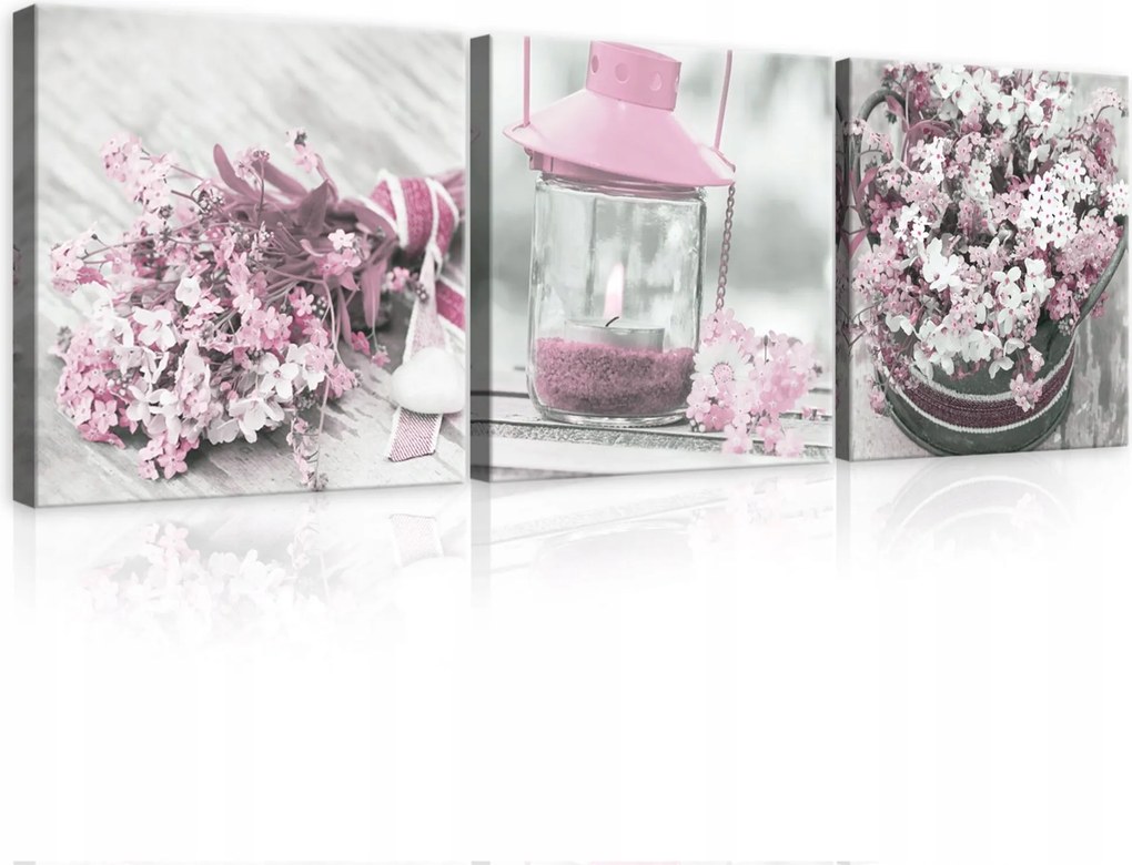 Vászonkép 75x25 Finomság romantika tavasz virágok lampion gyertya rózsaszín szürke