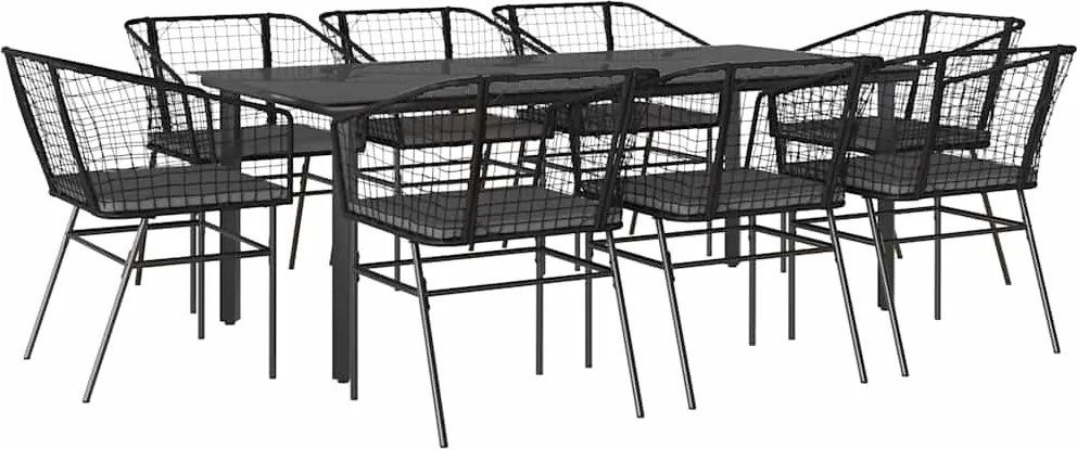 vidaXL 9 részes fekete polyrattan üveg kerti étkezőgarnitúra párnákkal