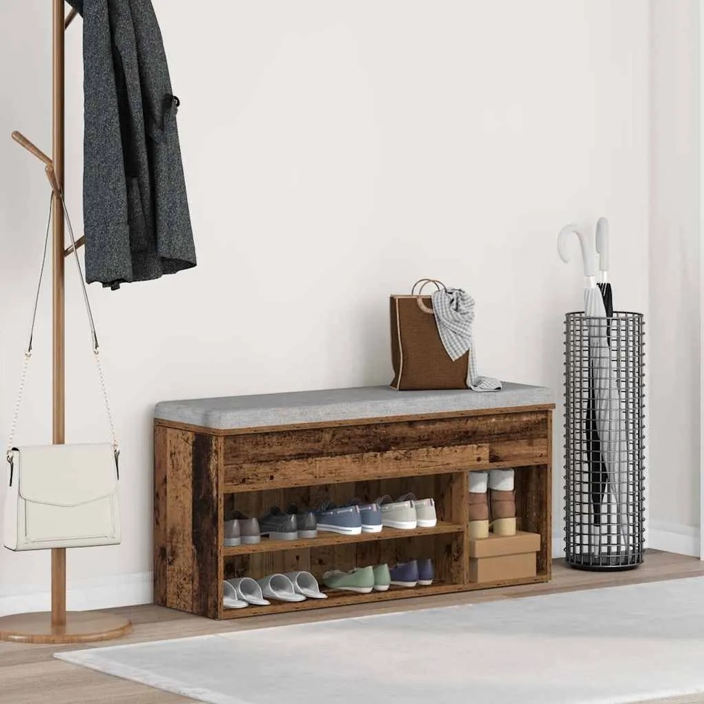 antik fa színű szerelt fa cipőtároló pad 102x30,5x45 cm