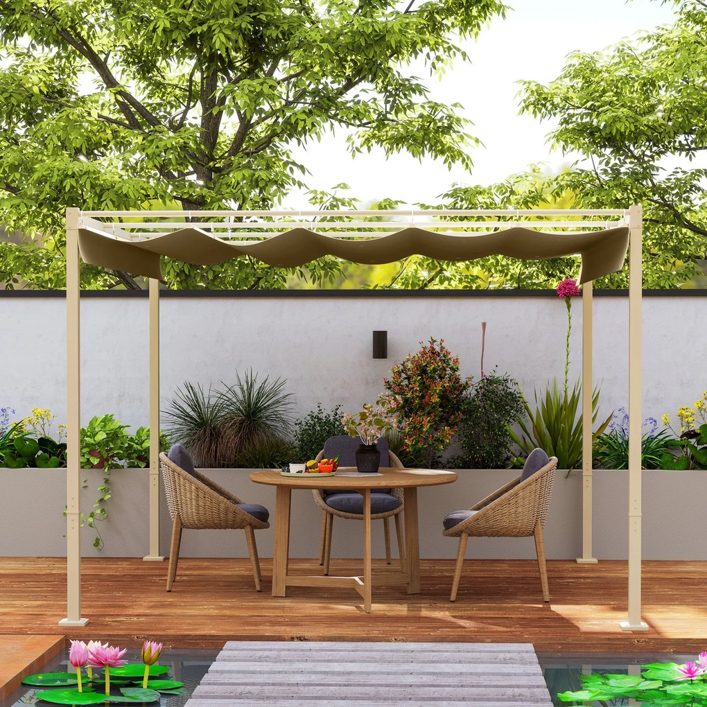 Outsunny 3 x 3 m-es Kerti Pergola Kihúzható Csúszó Pergolával, mágneses rögzítéssel, 180g/m² magas sűrűségű poliészter ponyva, UPF30+ napernyő, terasz