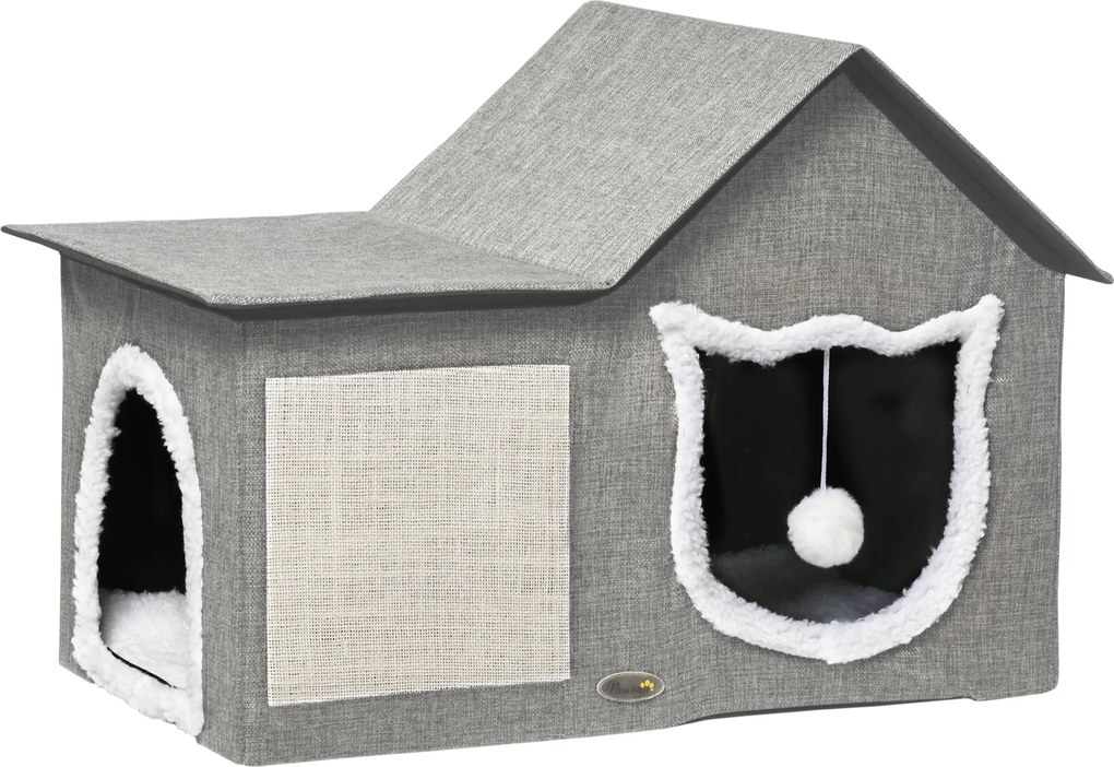 PawHut Macska Barlang, Macska Ház Kaparófelülettel, Macska Kabin Két Ajtóval, Kényelmes Barlang Párnával, Macska Ágy Játék Gömbbel, Poliészter, Szürke