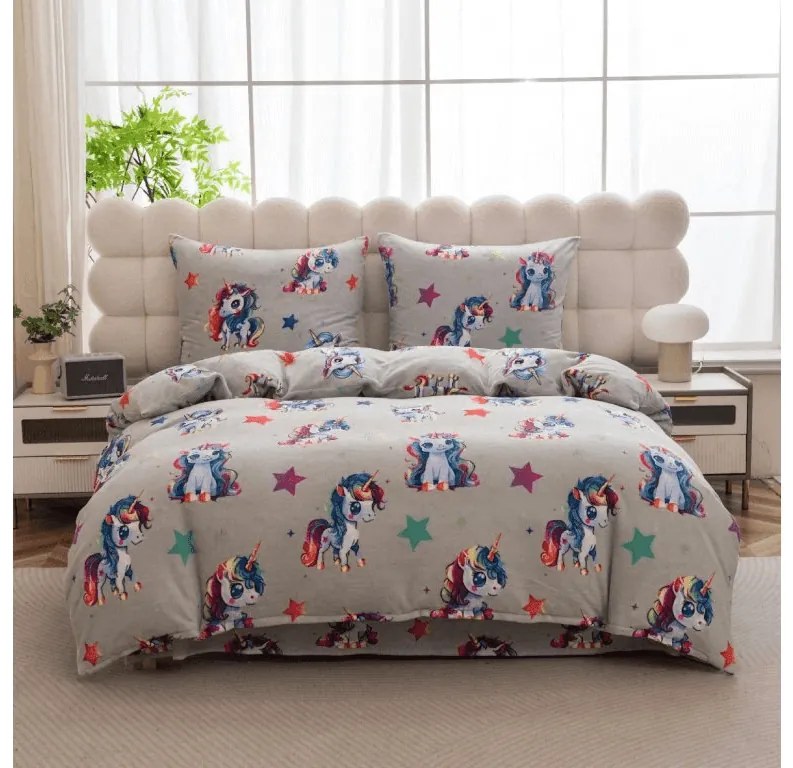 Mikroplüss ágyneműhuzat CUTE UNICORN szürke Ágyneműhuzat mérete: 70 x 80 cm | 140 x 200 cm