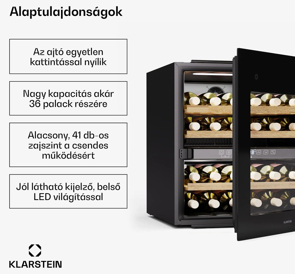 Klarstein Rhone 36 Duo borhűtő, 36 palack, LED vezérlés, push-to-open, csendes