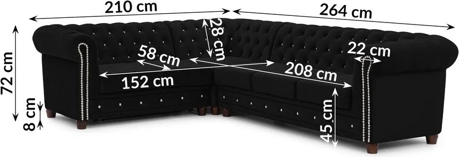 Fekete bársony kinyitható sarokkanapé (bal oldali-L alakú) York Blik – Ropez