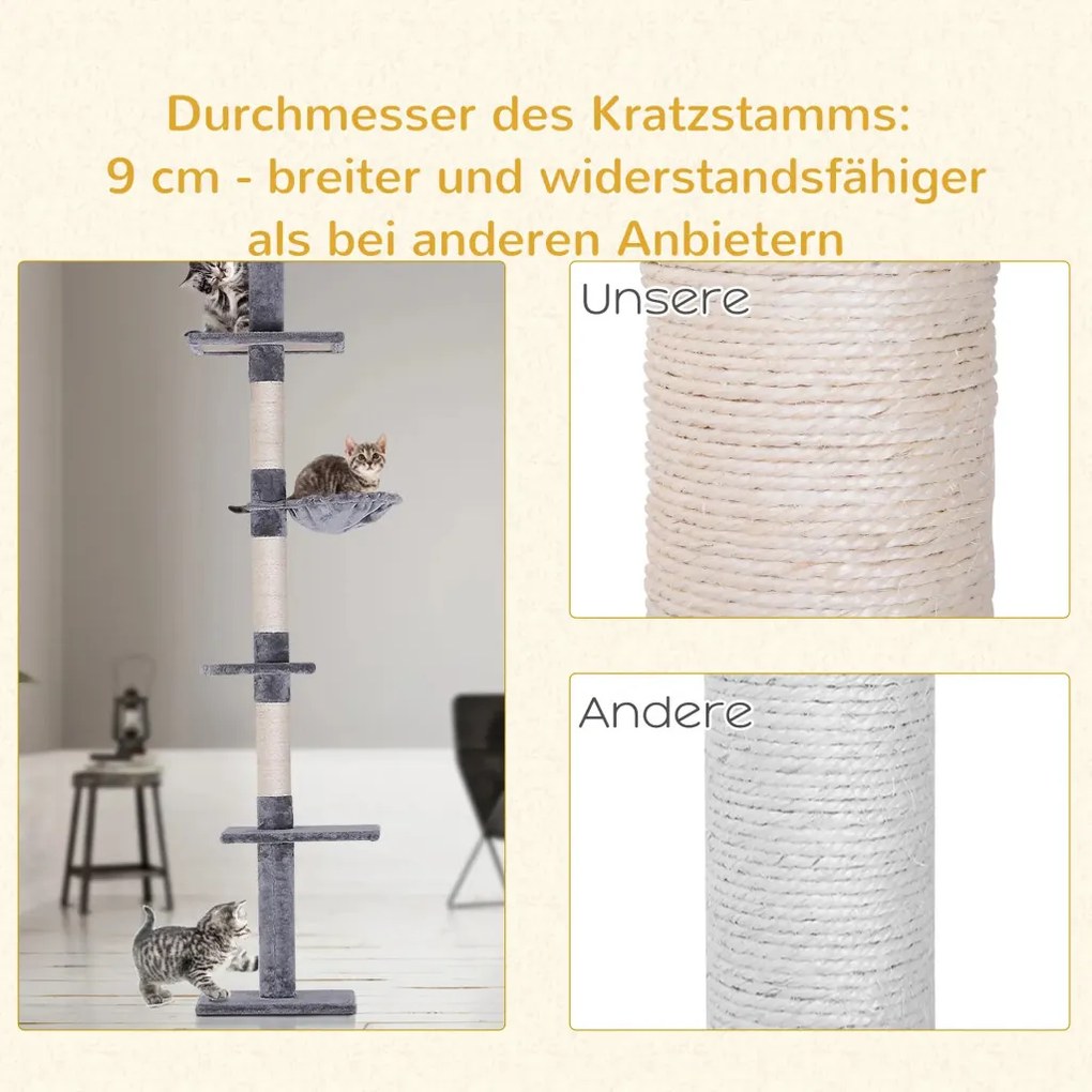 PawHut mennyezetre szerelhető, állítható macskafa, 40 x 34 x 230-260 cm szürke