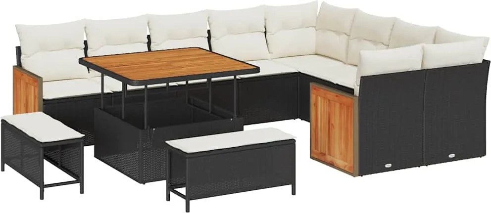 vidaXL Kerti Kanapé Szett párnával 13 pcs Fekete és Krém polirattan