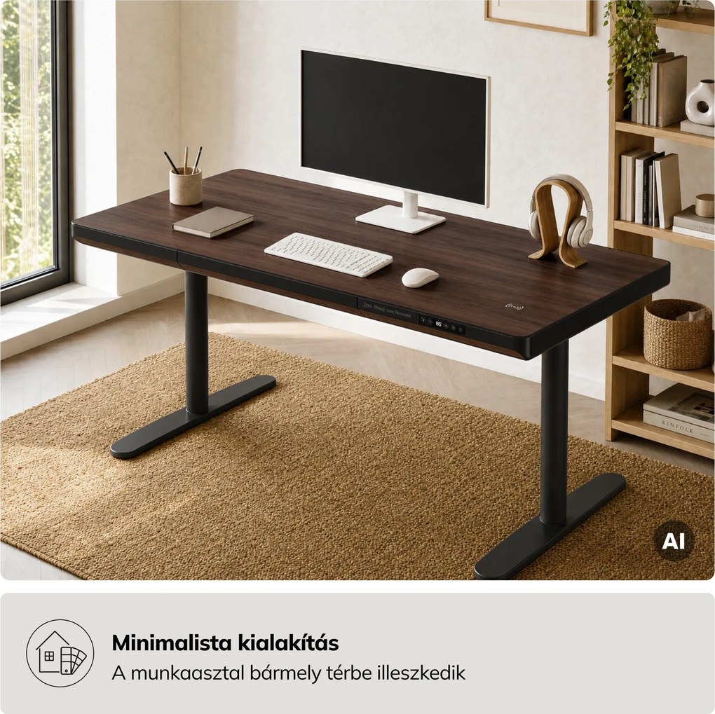 Elektromos ülő-álló íróasztal fiókkal és Qi vezeték nélküli töltővel fekete/dió, 1400 mm: ELLIS