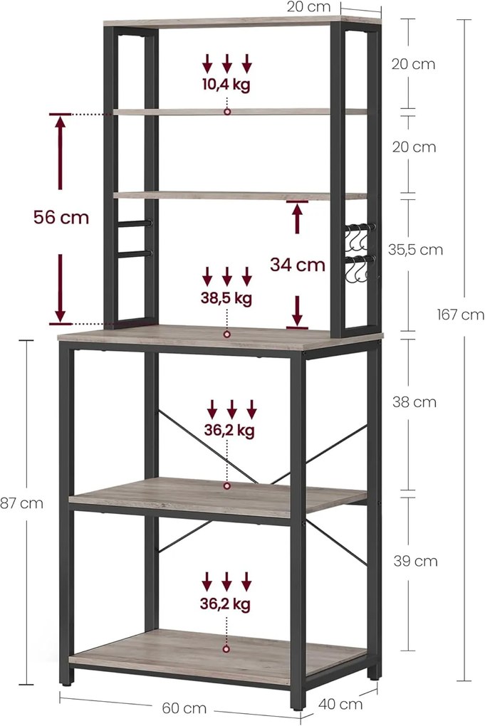 Konyhai tárolóállvány, 40 × 60 × 167 cm, greige és fekete színben