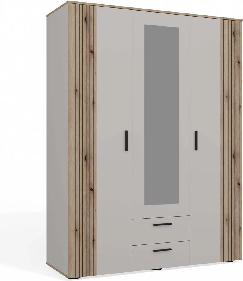 Ava 150 gardróbszekrény, 150 cm, tükörrel, 2 fiók, bordázott front, tölgy - kasmír