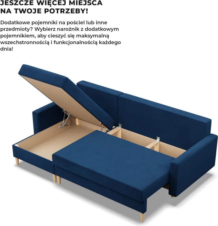 Etna sarokkanapé, 2 ágyneműtartóval, bársony, univerzális oldal, bonell töltet, kék