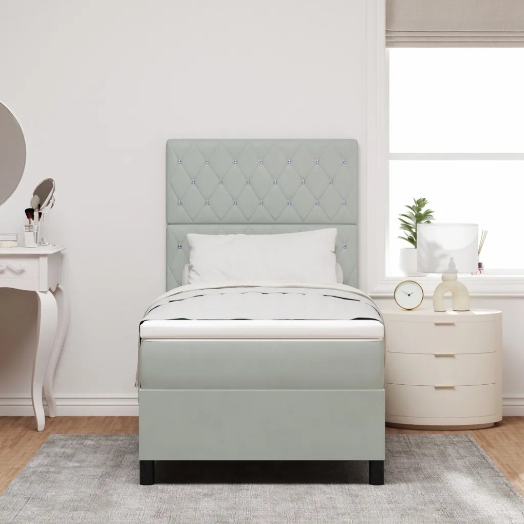 Boxspring Ágy Matrac Könnyű Szürke Egyszemélyes Bársonyos