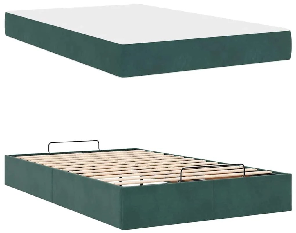 Ágykeret matracmal tárolóval Sötétzöld 120 x 200 cm Bársony