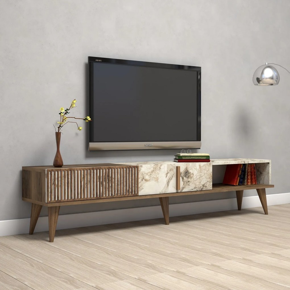 TV szekrény Milan - Diós, Fehér Marble