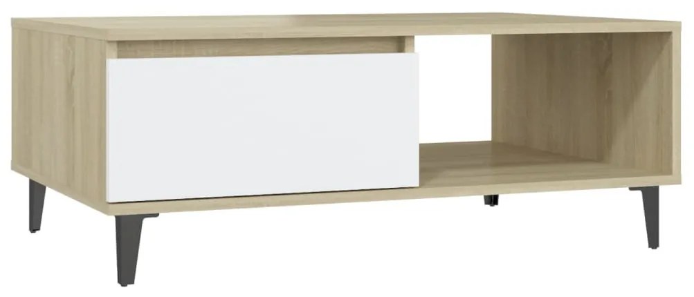 Fehér és tölgyszínű szerelt fa dohányzóasztal 90 x 60 x 35 cm