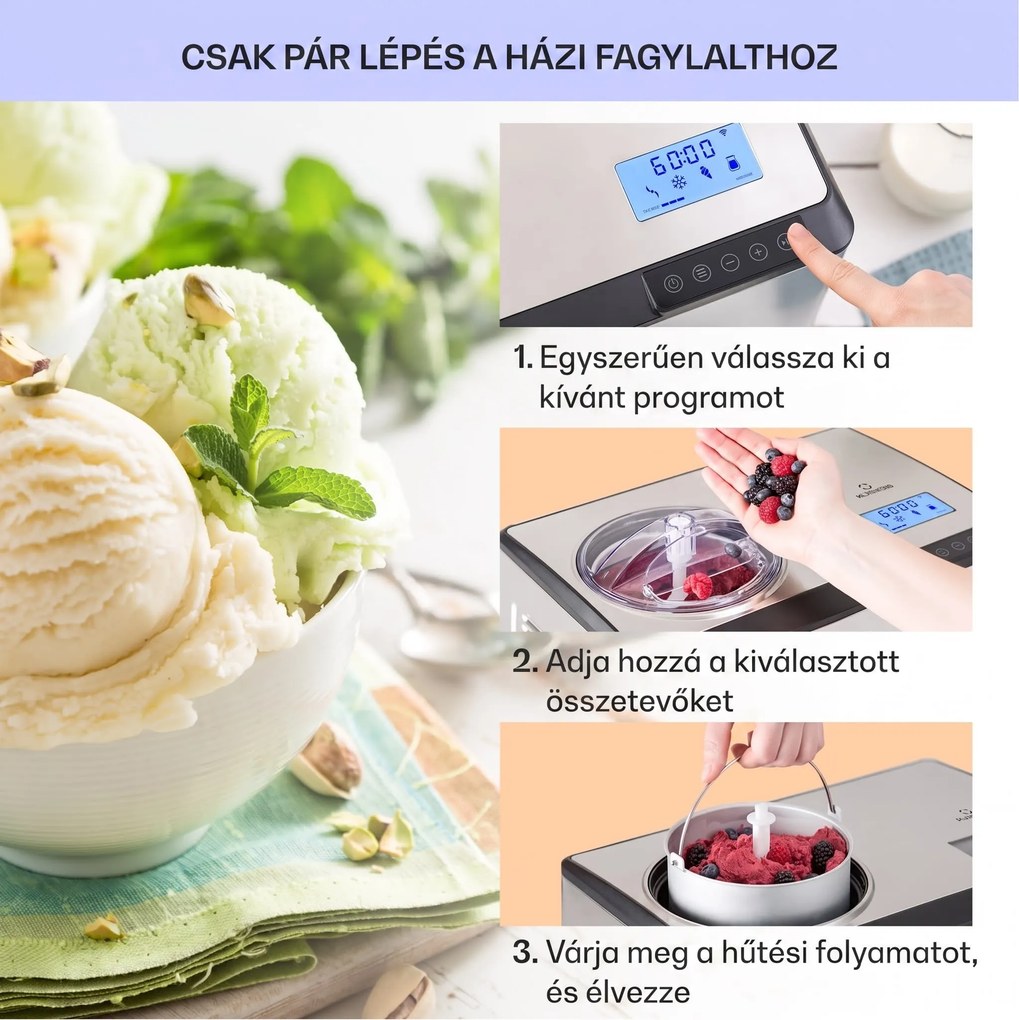 Klarstein Dolce Bacio Smart, fagylaltgép és joghurtkészítő, kompresszor, 2 L, WiFi, érintőképernyő, rozsdamentes acél