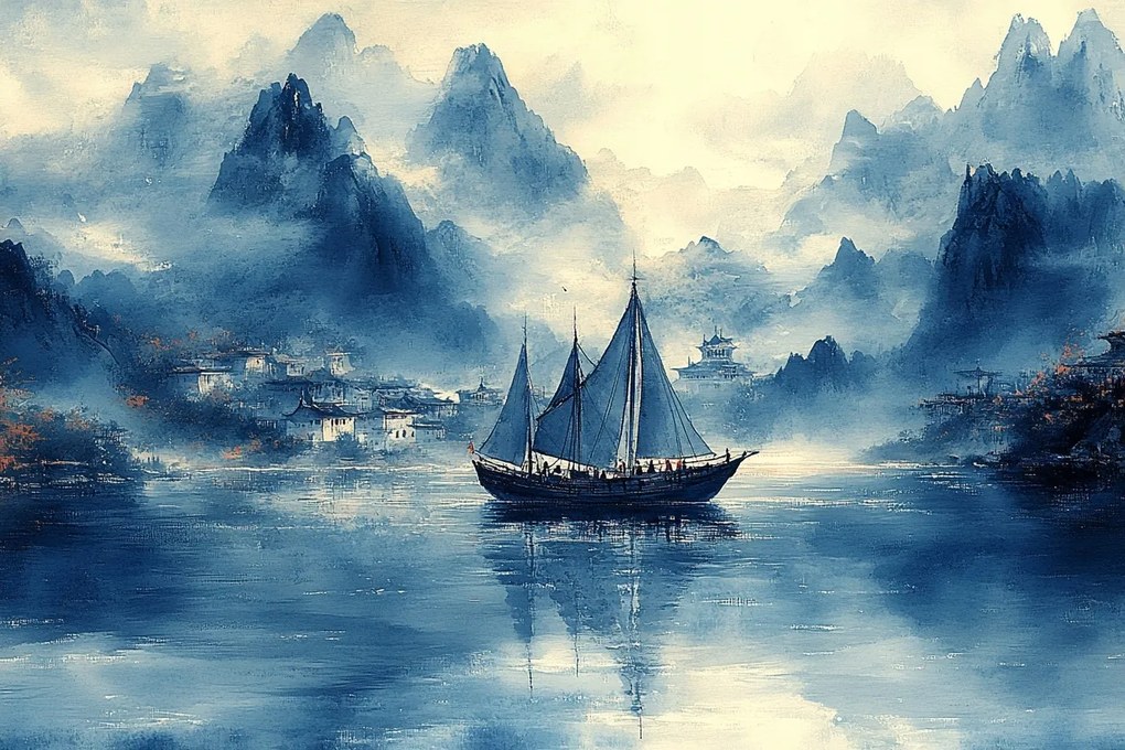 Vászonkép Canvas Ázsia Kelet Kína Tájkép Hegyek Vitorlás Köd 60x40