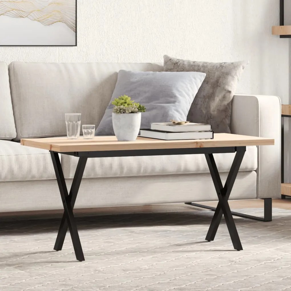 Tömör fenyőfa és acél X-vázú dohányzóasztal 100x50x45,5 cm
