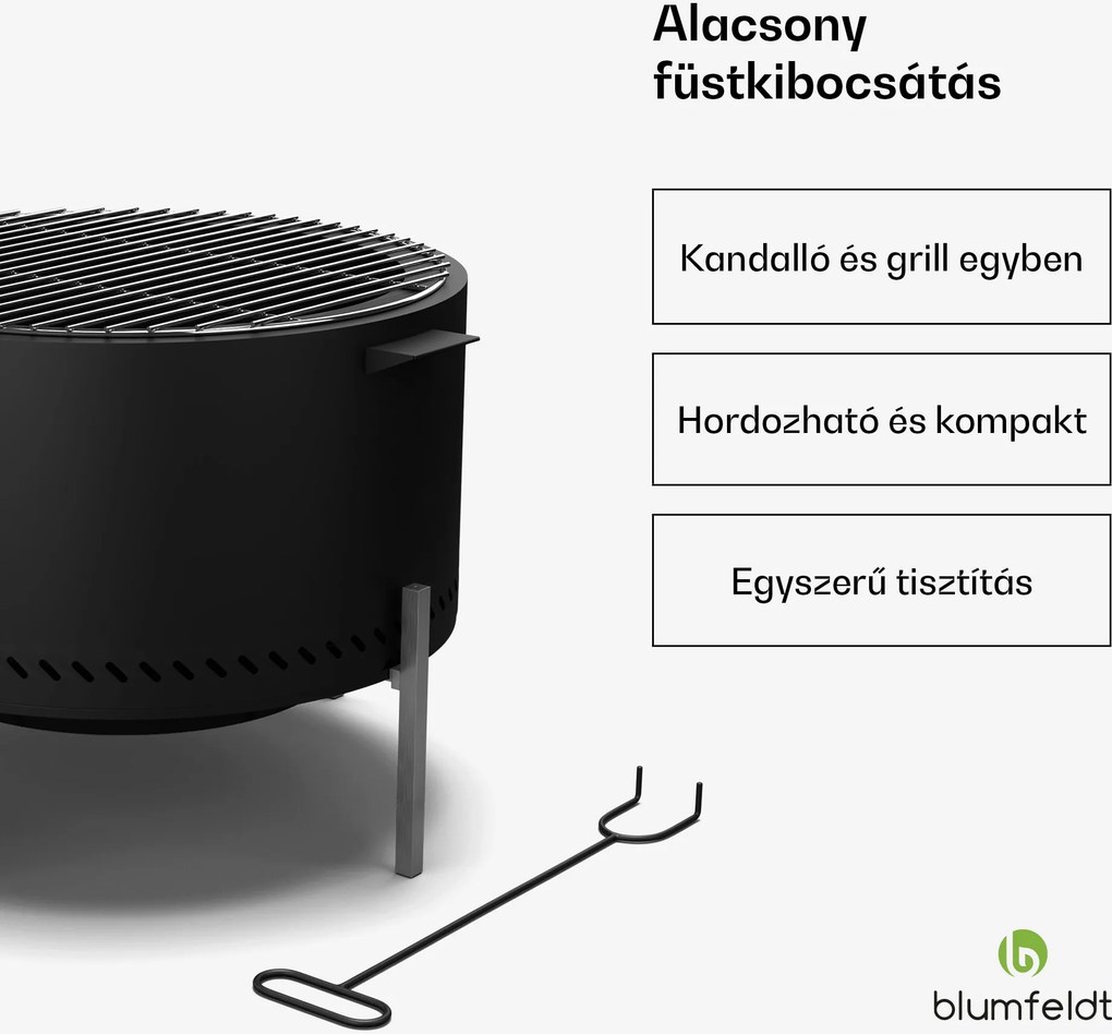 Blumfeldt Ignite Pure tűzhely, alacsony füstölés, grillrács, rozsdamentes acél, hordozható, esővédő fedél, fogantyúk