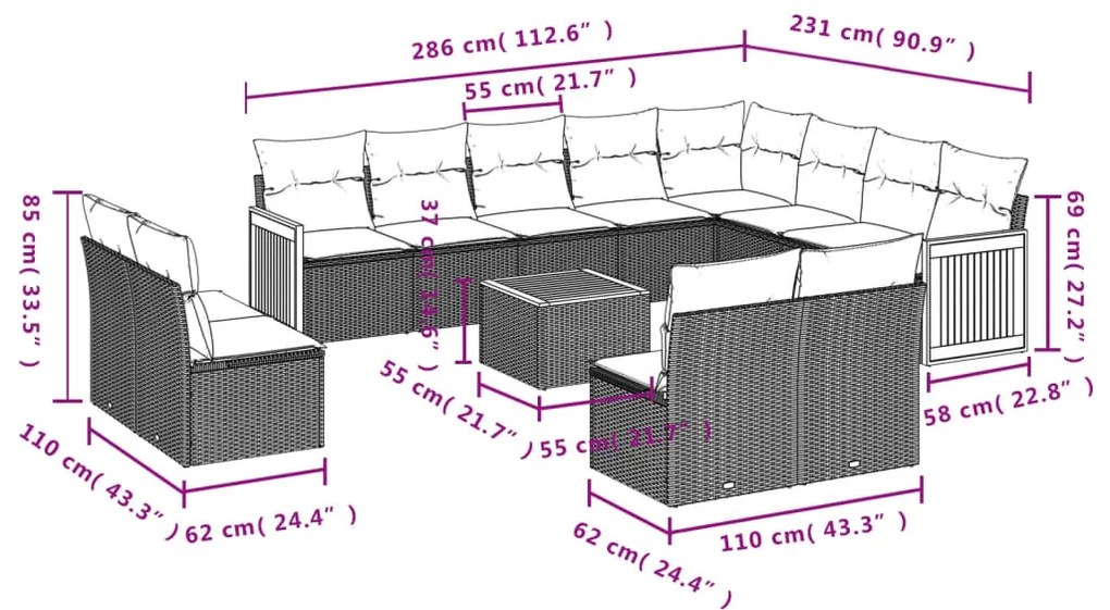 13 részes bézs polyrattan kerti ülőgarnitúra párnákkal