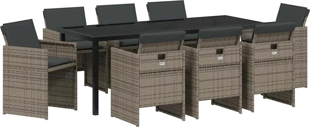 vidaXL Kert étkező szett párnával 9 pcs Szürke polirattan