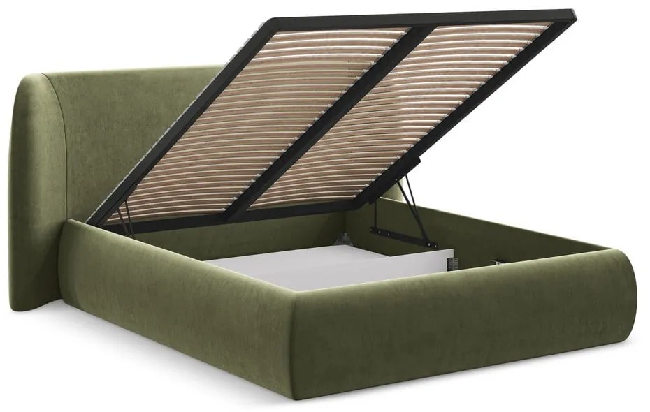 Zöld kárpitozott ágyneműtartós franciaágy ágyráccsal 160x200 cm Hauke – Makamii