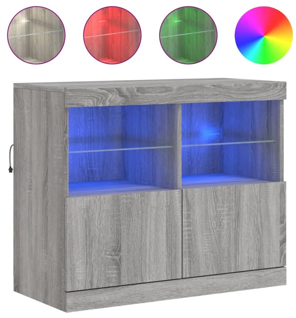 szürke sonoma színű tálalószekrény LED-ekkel 81 x 37 x 67 cm