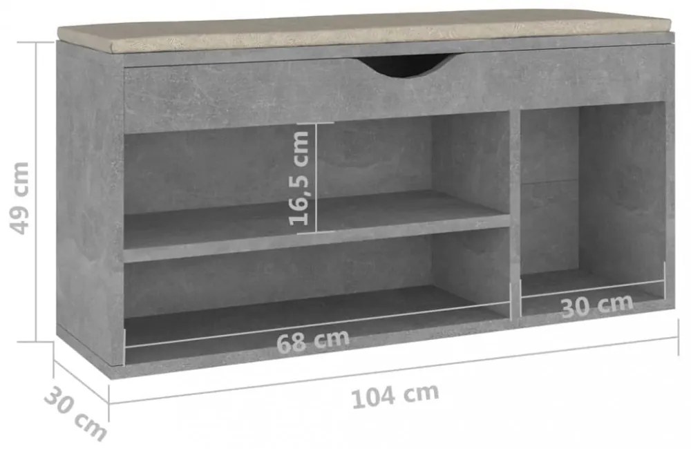 betonszürke szerelt fa cipőtároló pad párnával 104 x 30 x 49 cm