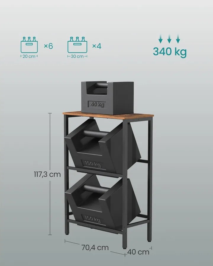 Ital tároló állvány, vintage barna és fekete, 40 x 70 x 117 cm